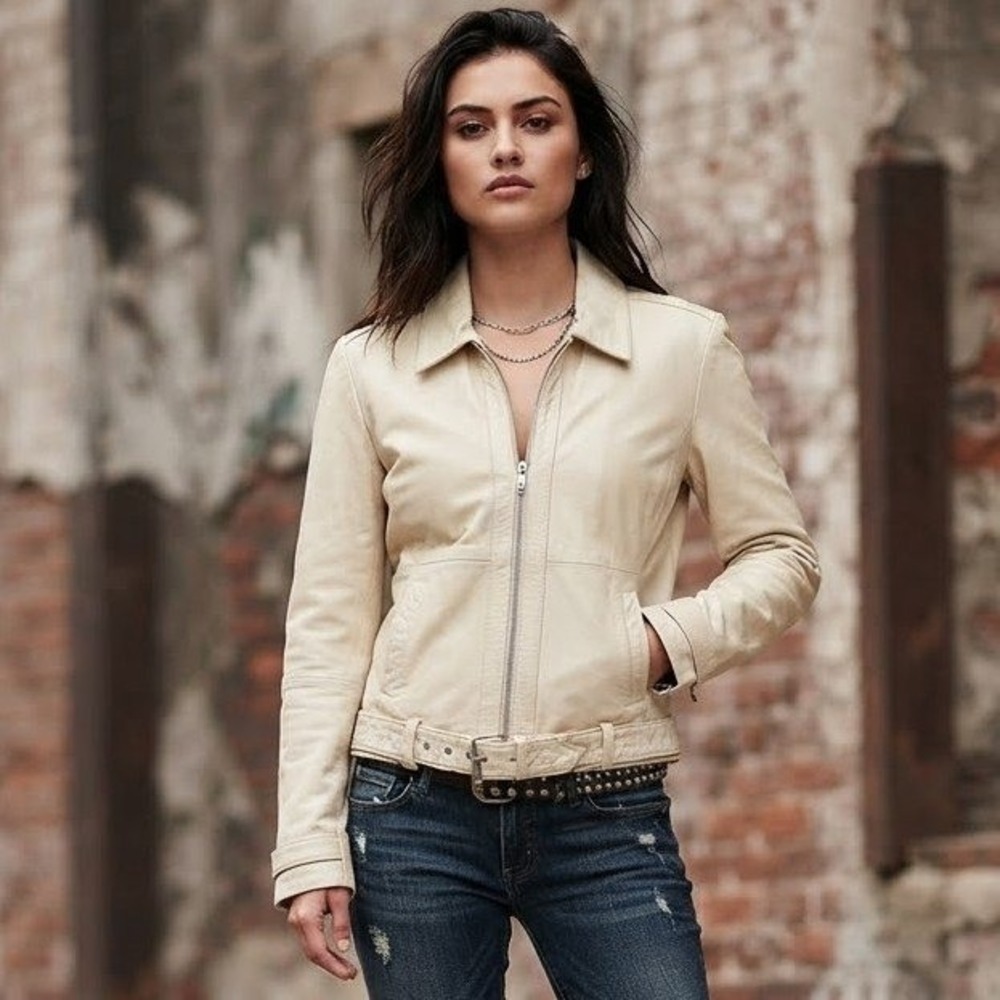 Leather Moto Jacket Womens 12 Cream‎ Belted Biker Chic Neutral Motorcycle Luxury
